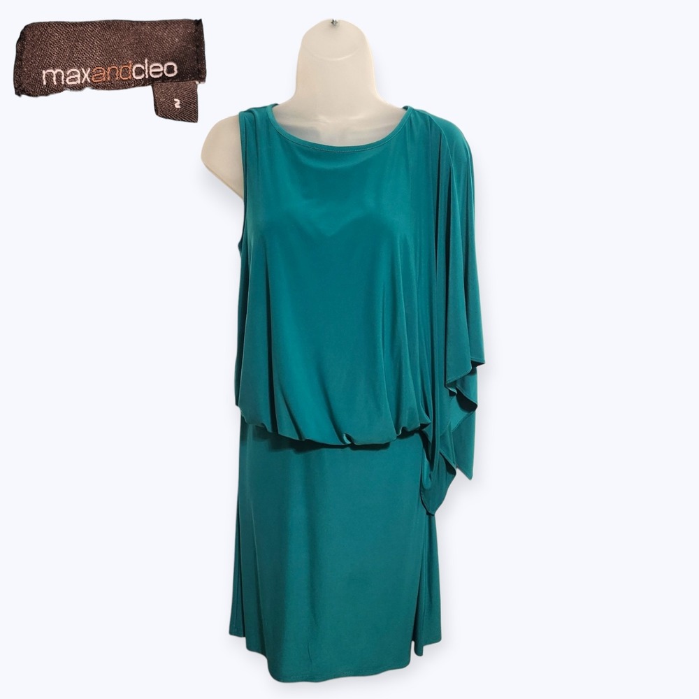 Max & Cleo Teal Blouson One-Shoulder Mini Dress Cocktail Party Y2K 2010s Small 2